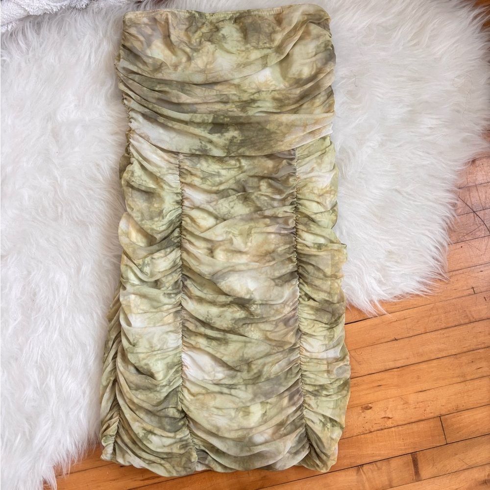 PrettyLittleThing Olive Tie-Dye Ruched Dress
